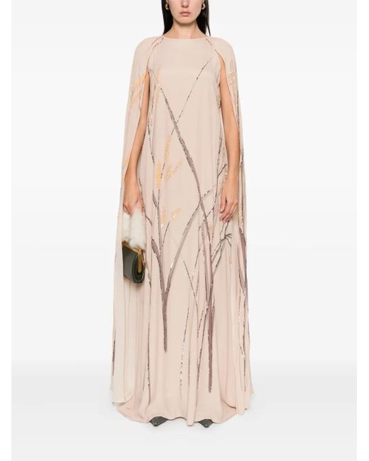 BERNADETTE Natural Minnie Embroidered Cape Maxi Dress