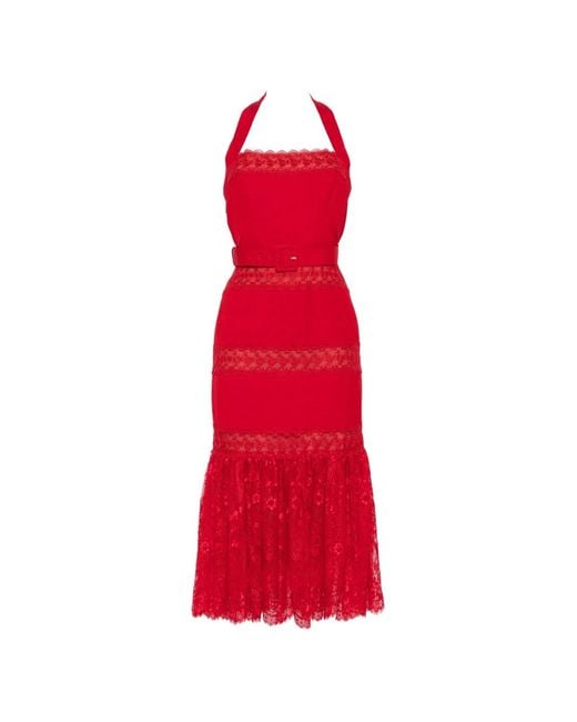 Self-Portrait Red Lace-Panelled Belted Midi Dress