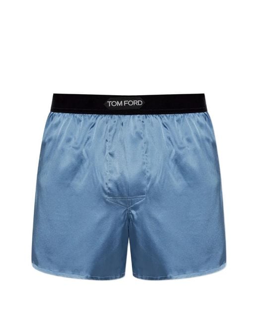 Tom Ford Blue Logo-Patch Silk Boxer Shorts for men