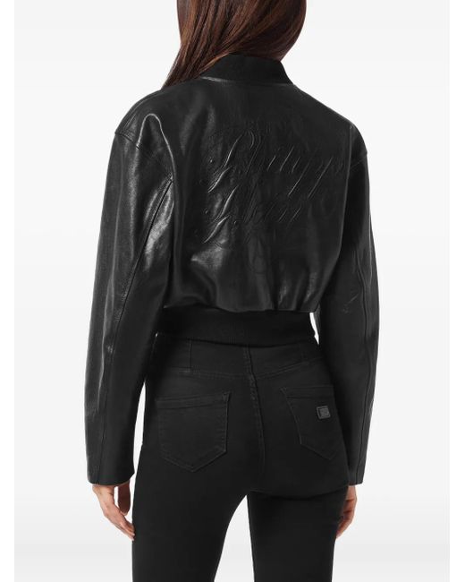 Philipp Plein Black Cropped Leather Bomber Embossed Signature