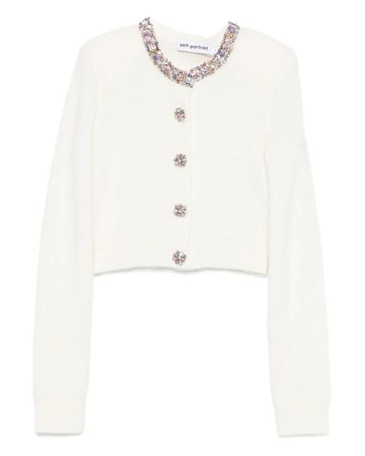 Self-Portrait White Cropped Sweater With Beaded Trim
