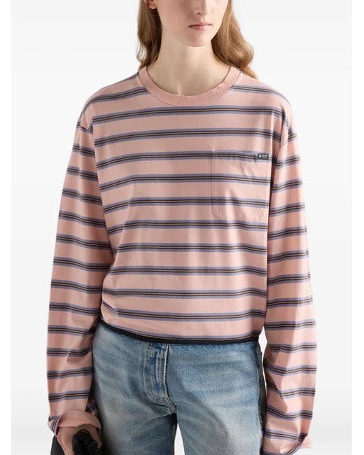 Prada Pink Long-Sleeved Striped Cotton Jersey T-Shirt