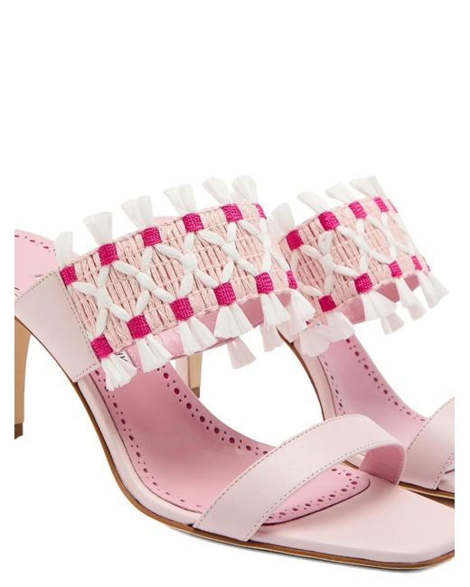 Manolo Blahnik Pink Efeso Fringed Woven-Strap Sandals