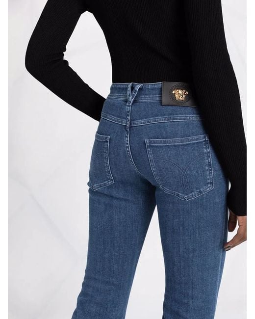 Versace Blue Logo-Patch Cropped Jeans