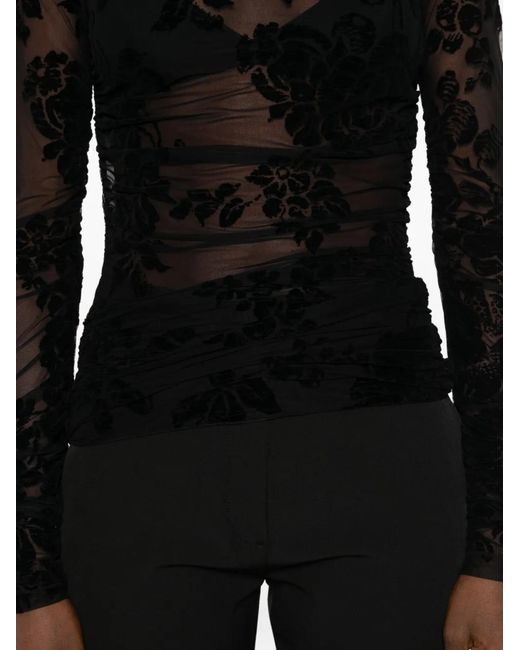Pinko Black Sheer Long-Sleeve Floral Flocking Top