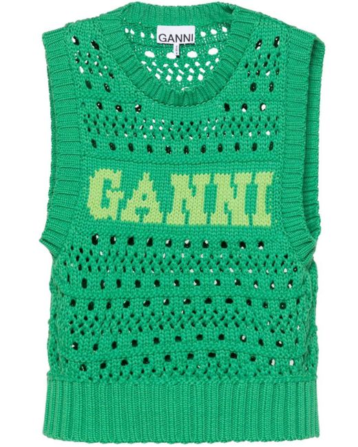 Ganni Open Stitch Gebreide Vest Met Logo in het Green