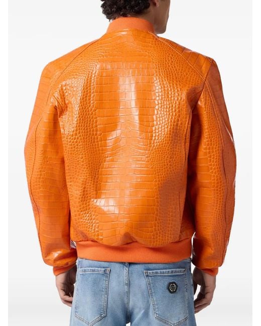 Philipp Plein Orange Veste En Cuir À Design Embossé for men