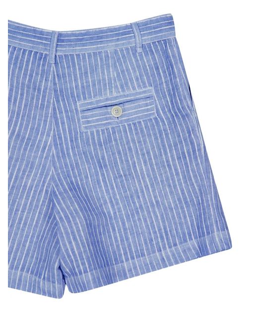 120% Lino Blue Stripe-Pattern Pleated Shorts