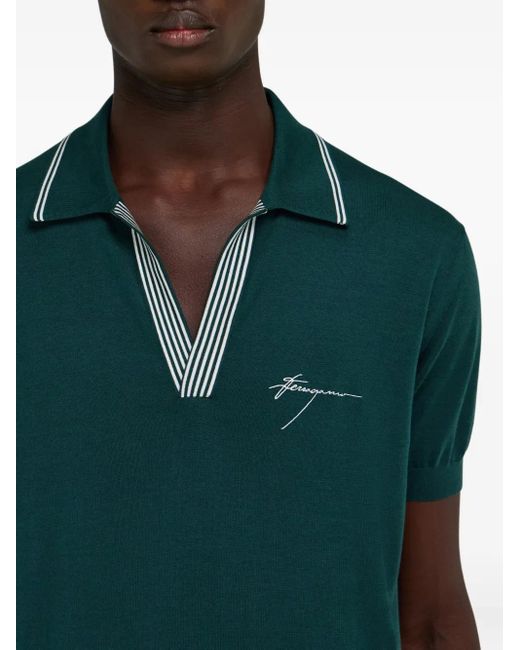 Ferragamo Green Striped-Collar T-Shirt for men