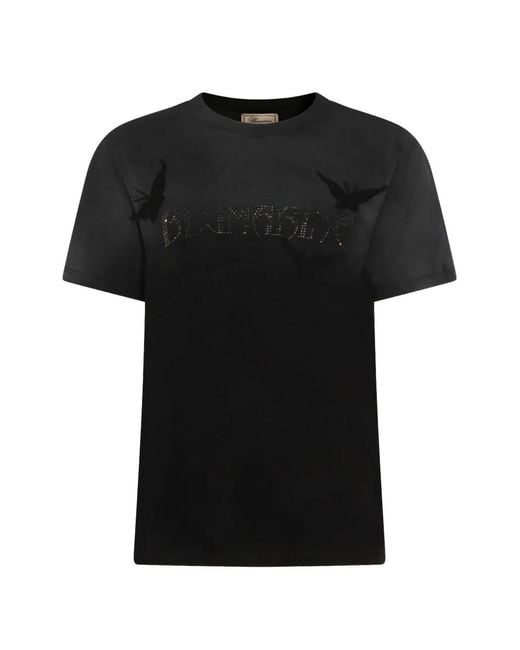 Blumarine Black Rhinestone-Logo Butterfly-Appliqué T-Shirt