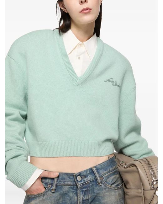 Acne Blue V-Neck Embroidery-Logo Sweatshirt