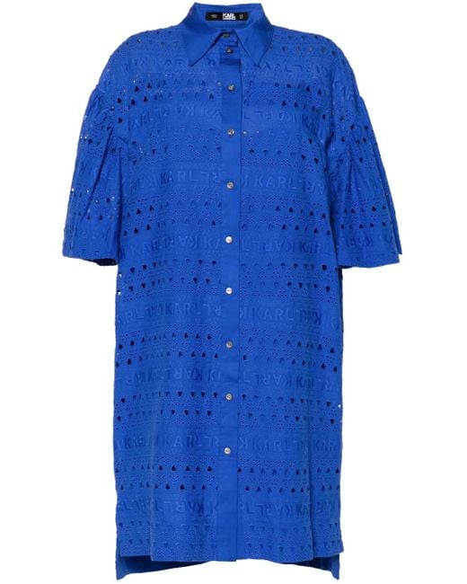 Karl Lagerfeld Blue Embroidered-Design Shirt Dress