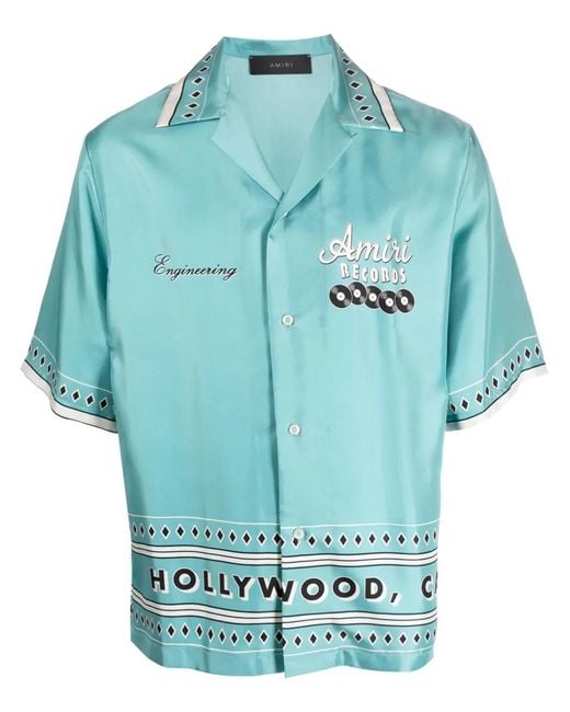 Amiri Blue Record Print Short Sleeve Silk Camp Shirt for men