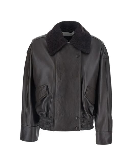IVY & OAK Black Laila Textured-Collar Leather Jacket