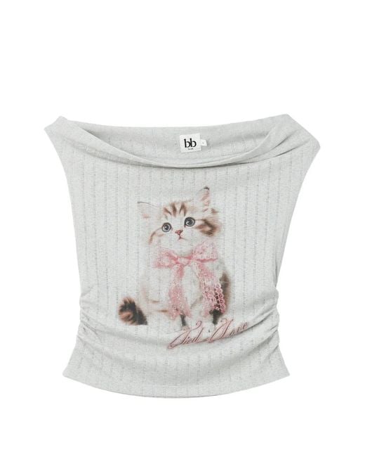 B+ AB White Cat-Print Ruched T-Shirt