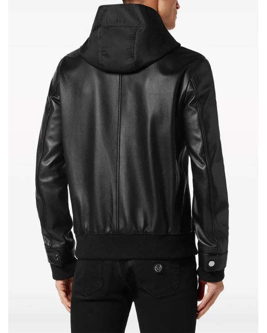 Philipp Plein Black Leather And Satin Hooded Bomber Jacket for men