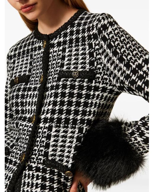 Twinset Black Checked Faux Fur-Trim Jacket