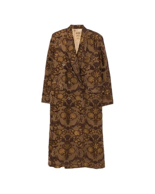 Uma Wang Brown Floral-Jacquard Double-Breasted Coat