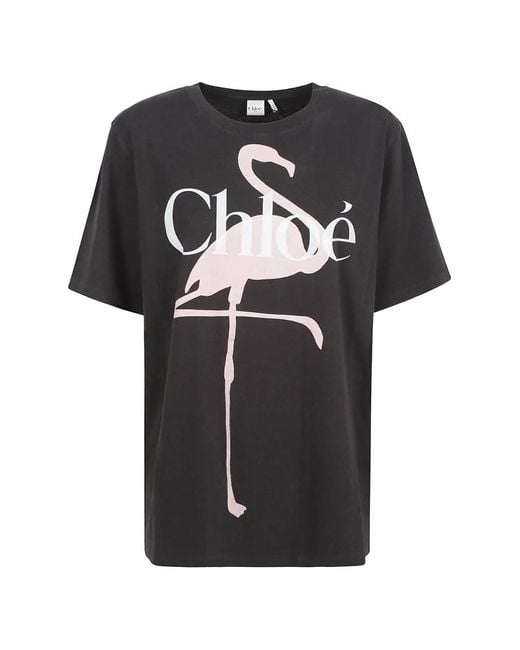 Chloé Black Flamingo-Print Logo-Print T-Shirt
