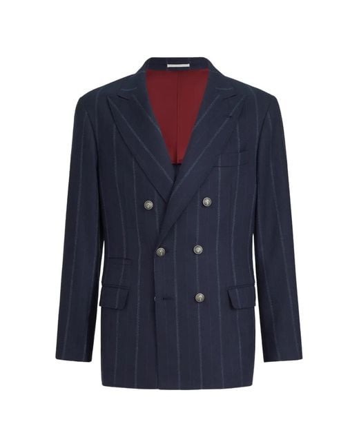 Brunello Cucinelli Blue Cashmere And Virgin Wool Multistripe Twill One-And-A-Half Breasted Deconstructed Blazer With Metal Buttons for men