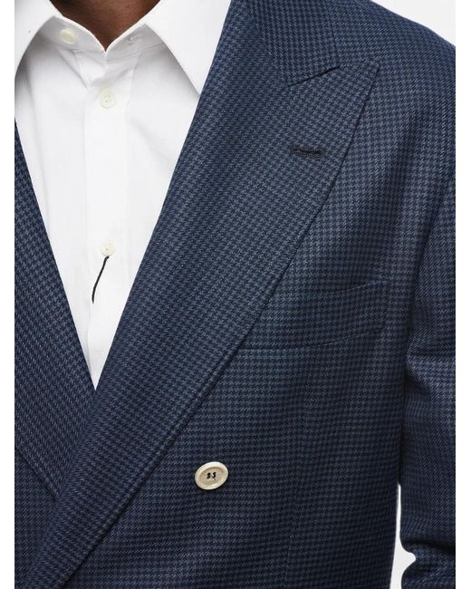 Brunello Cucinelli Blue Double-Breasted Houndstooth Suit for men