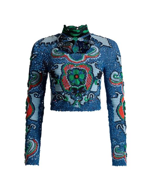 Etro Blue Cropped Cotton Sweater With Crochet-Effect Floral Motif