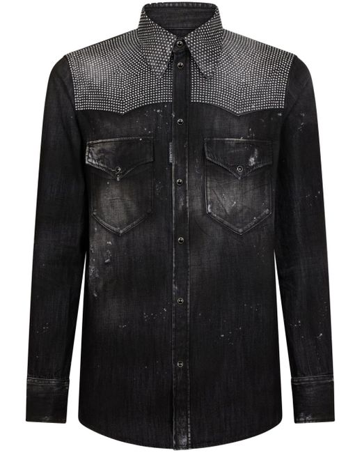 DSquared² Black Studded Distressed Denim Shirt for men