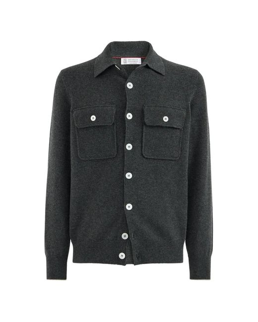 Brunello Cucinelli Black Chest-Pockets Shirt-Style Cardigan for men
