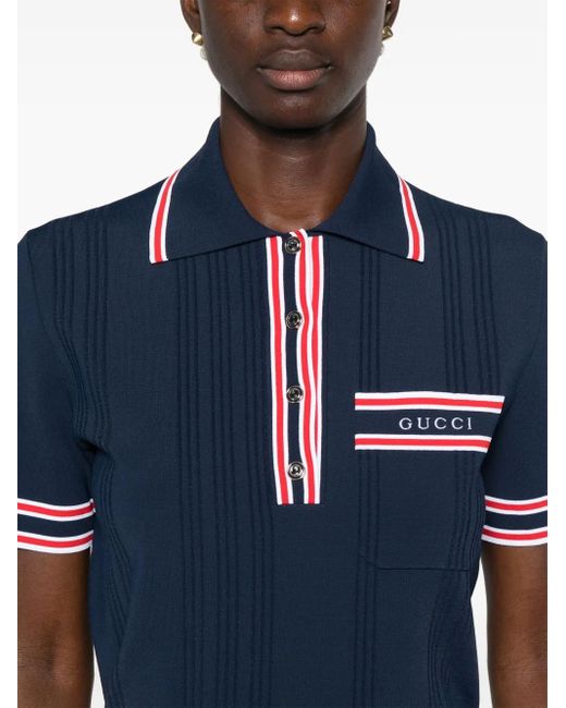 Gucci Blue Striped-Edge Ribbed Polo Top