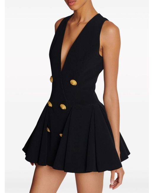Balmain Black Pleated Crepe V-Neck Mini Dress