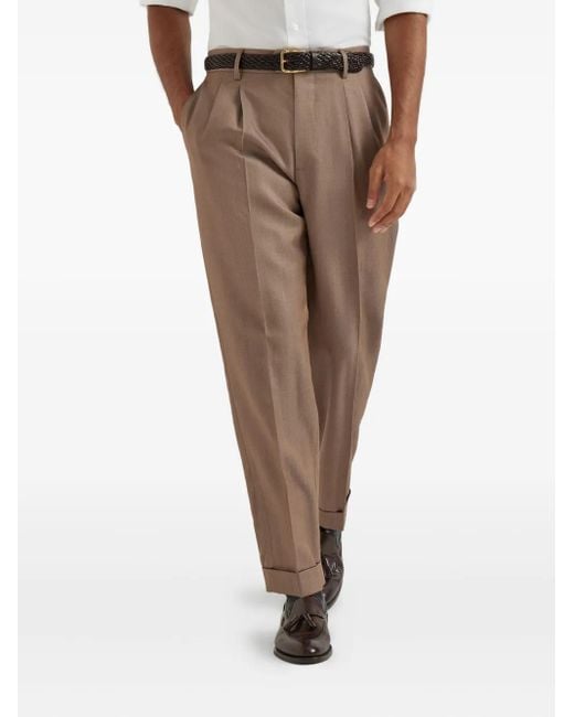 Brunello Cucinelli Natural Pleated Wool Trousers for men