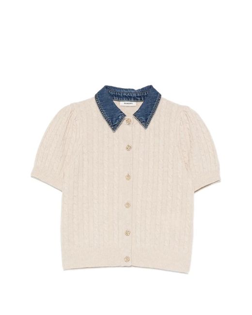 Sandro White Cable-Knit Denim-Collar Cardigan