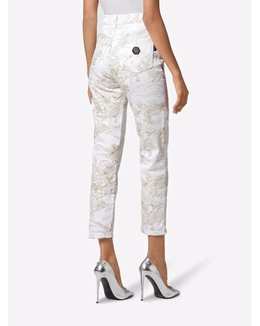 Philipp Plein White Skeleton-Print Cropped Jeans