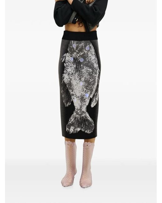 Ph5 Black Reflective Fish-Intarsia Midi Skirt