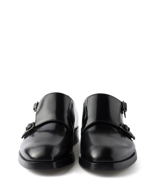 Prada Black Brushed Leather Double Monk Strap Shoes for men