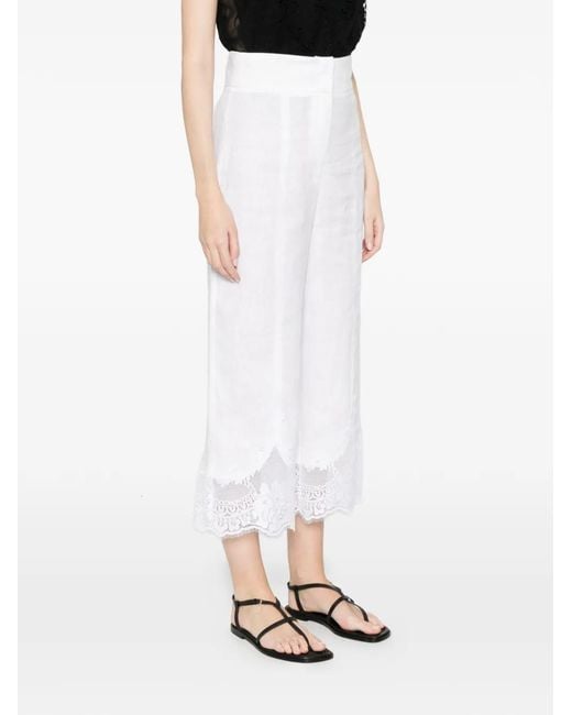 Twinset White Linen Cropped Trousers With Lace