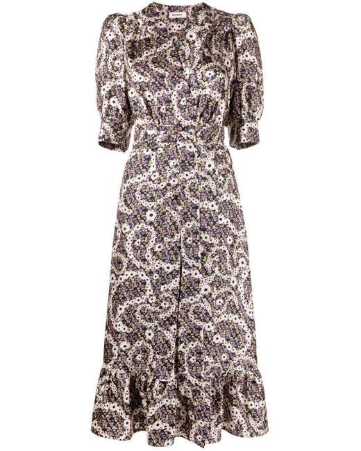 Sandro Floral-print Silk Midi Dress in Natural | Lyst