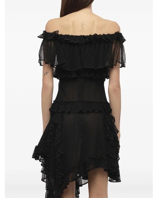 McQueen Black Frilled Off Shoulder Asymmetric Dress