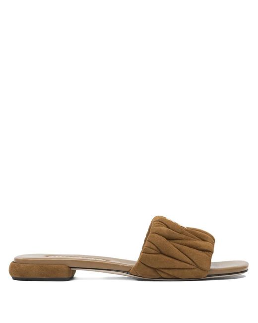 Miu Miu Brown Matelassé Suede Flat Sandals