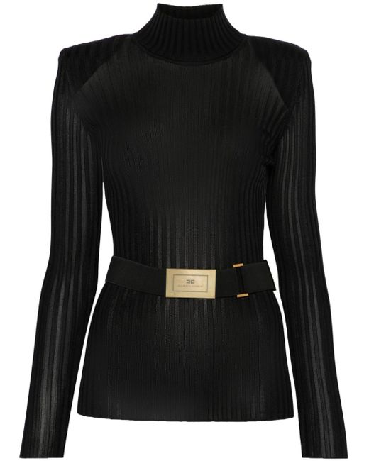 Elisabetta Franchi Black Belted Ribbed Top