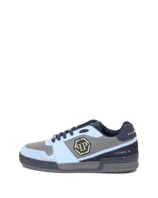 Philipp Plein Blue P-Force 78 Logo-Plaque Leather Sneakers