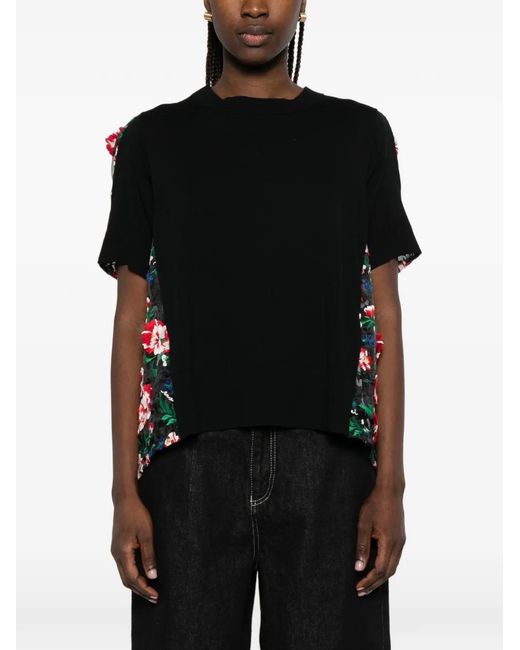 Sacai Black Floral-Embroidered T-Shirt