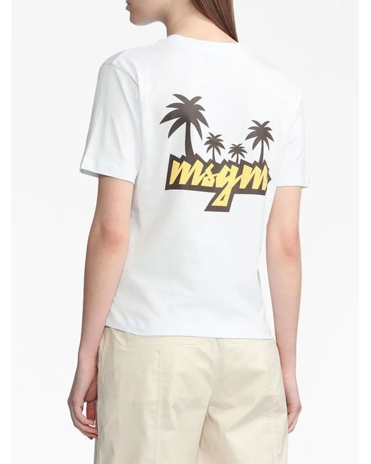MSGM White Logo-Print Short-Sleeve T-Shirt