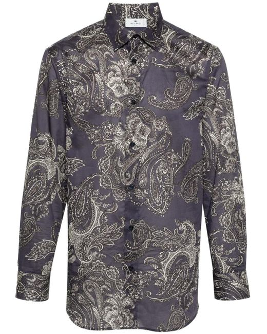 Etro Gray Cotton Shirt With Paisley Motif for men