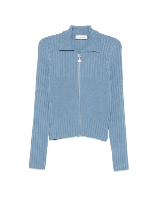 Victoria Beckham Blue Ribbed-Knit Zip-Up Cardigan