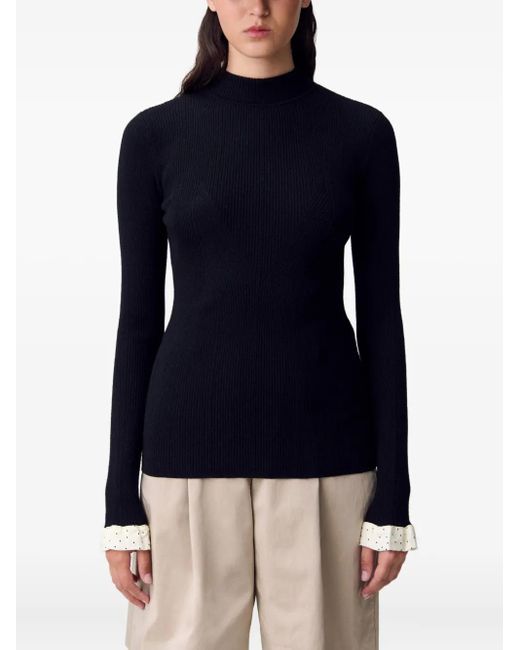 Claudie Pierlot Black Ribbed-Knit Mock-Neck Sweater