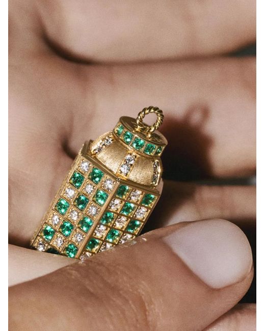 Marie Lichtenberg Metallic Check Emerald And Diamond Locket Necklace