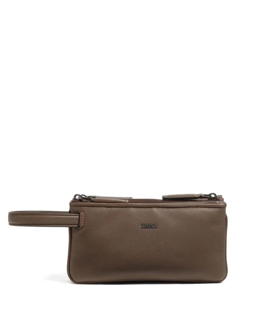 Zegna Brown Triple Zip Pouch for men