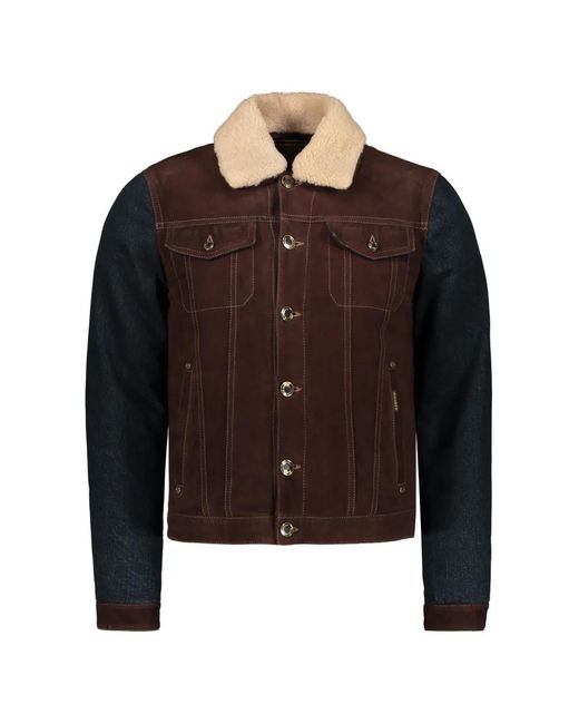 Moorer Brown Shearling-Collar Panelled Denim Jacket for men