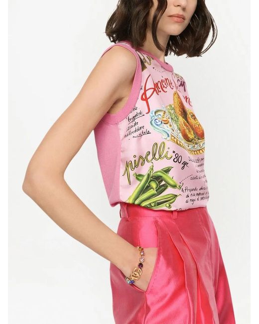 Dolce & Gabbana Pink Food-Print Panelled Silk Top